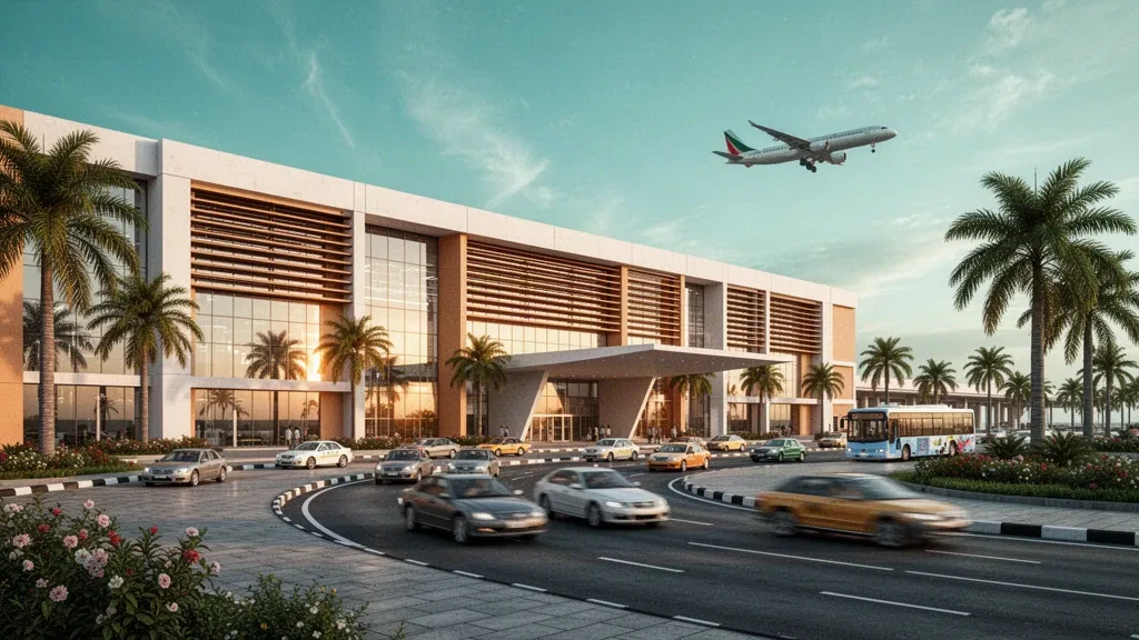 Esterno moderno del terminal in vetro e corsie di sosta bordate di palme all'aeroporto internazionale Ahmed Sékou Touré di Conakry, Guinea, durante l'ora d'oro