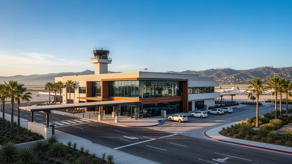 Terminal moderna, torre de control y carril de bajada en la acera del aeropuerto McClellan-Palomar en Carlsbad, California, durante la hora dorada