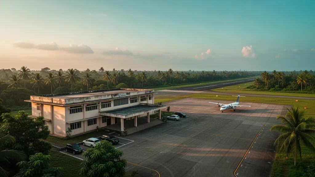 Terminal de baja altura, plataforma y pista rodeada de palmeras en el Aeropuerto de Comilla, Bangladés, bajo una cálida luz dorada del atardecer