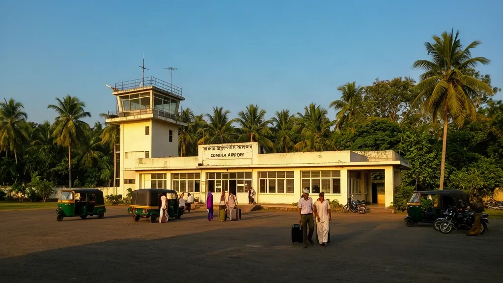 Bangladeş'teki Comilla Havalimanı terminalinin yolcular ve tropikal yeşilliklerle dış görünümü