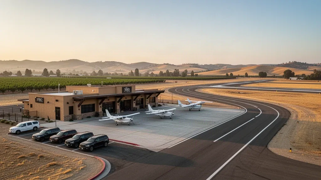 Terminal per l'aviazione generale e piazzale aeromobili presso l'Aeroporto Municipale di New Coalinga nella Central Valley della California all'ora d'oro