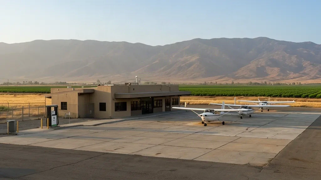 Aeromobile leggero monomotore ormeggiato sul piazzale accanto al piccolo edificio terminal dell'Aeroporto Municipale di New Coalinga in California