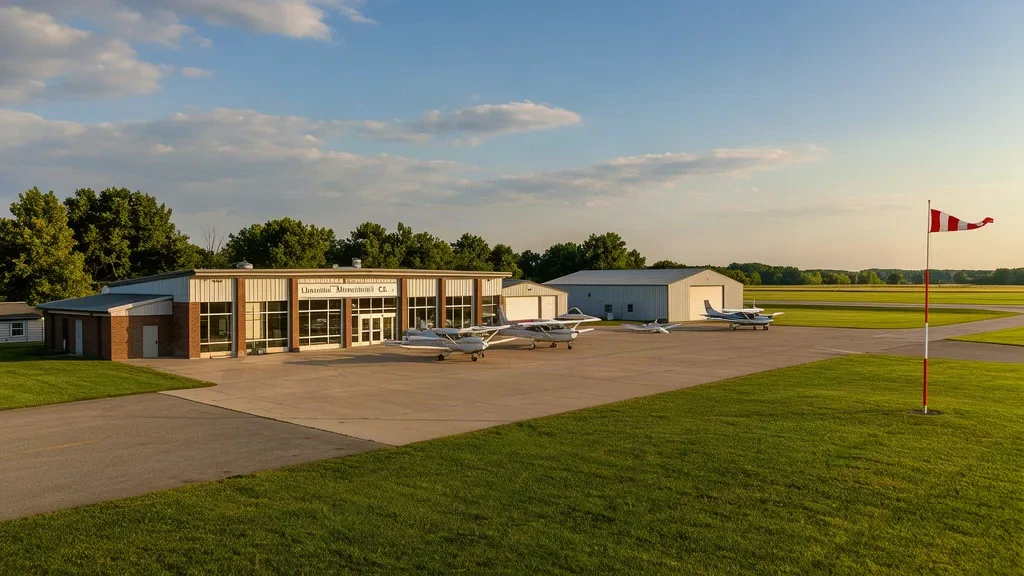 Exterior view of the small terminal building and general aviation apron at Clintonville Municipal Airport in Wisconsin.