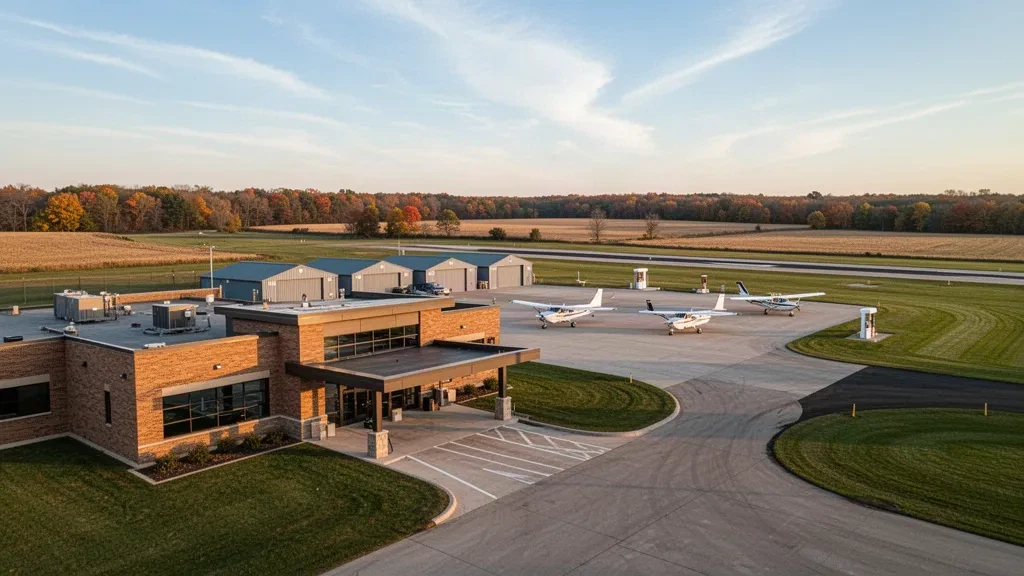 Blick zur goldenen Stunde auf das kleine Terminal der allgemeinen Luftfahrt, das Vorfeld und die Hangars am Clintonville Municipal Airport in Wisconsin