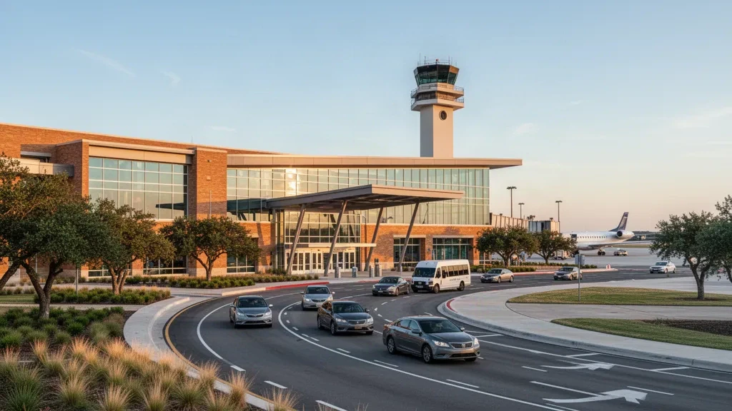 Blick zur goldenen Stunde auf das moderne Terminal aus Glas und Backstein des Easterwood Airport in College Station, Texas, mit Vorfahrspuren und Kontrollturm