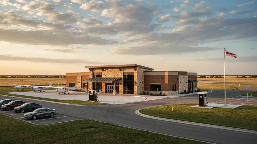 Edificio terminal bajo y plataforma de aeronaves ligeras en el Aeropuerto Regional de Clinton en Oklahoma bajo un amplio cielo de pradera a la hora dorada