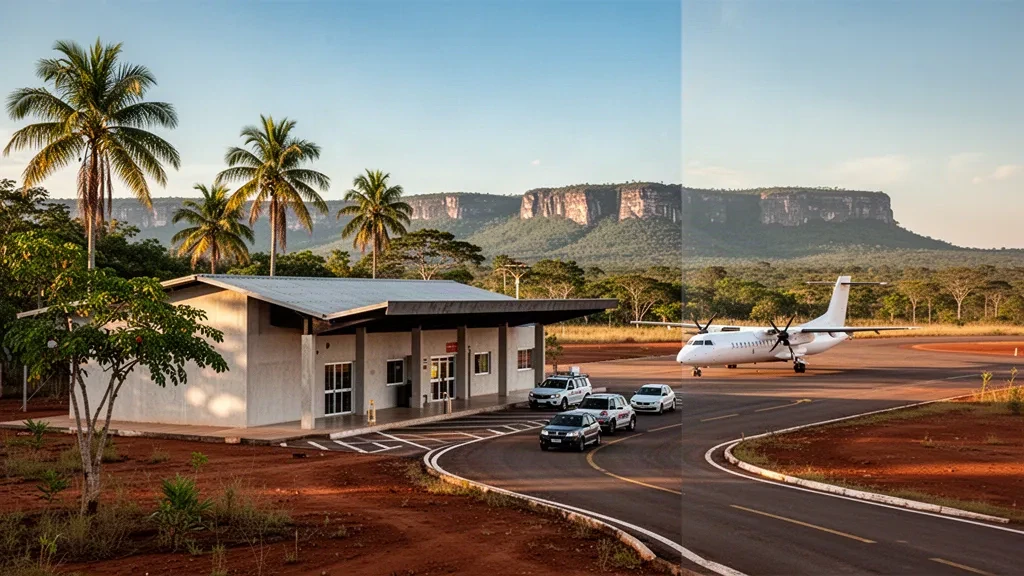 Small regional airport terminal in Carolina, Maranhão, Brazil, with a paved apron, tropical Cerrado landscape and golden-hour light.