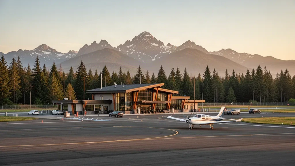 Pequeña terminal regional en el Aeropuerto Internacional William R. Fairchild en Port Angeles, Washington, con las Montañas Olímpicas al fondo.