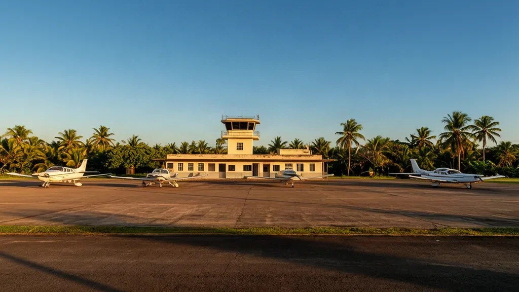 Außenansicht des kleinen Terminalgebäudes am Flughafen Brig. Lysias Augusto Rodrigues in Carolina, Maranhão, Brasilien, mit einem geparkten Flugzeug auf dem Vorfeld unter