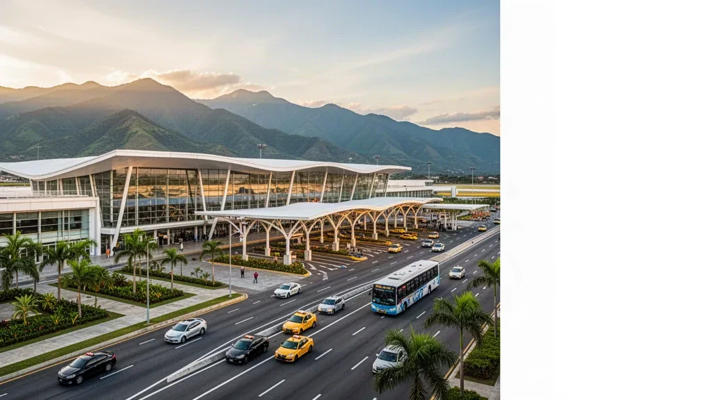 Modern terminal exterior at Alfonso Bonilla Aragón International Airport in Palmira, Colombia, with access roads and mountains at golden hour.