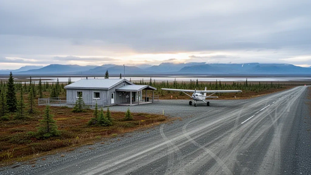 Gravel runway, small terminal and a propeller bush plane at Clarks Point Airport in remote Alaska under soft overcast light.