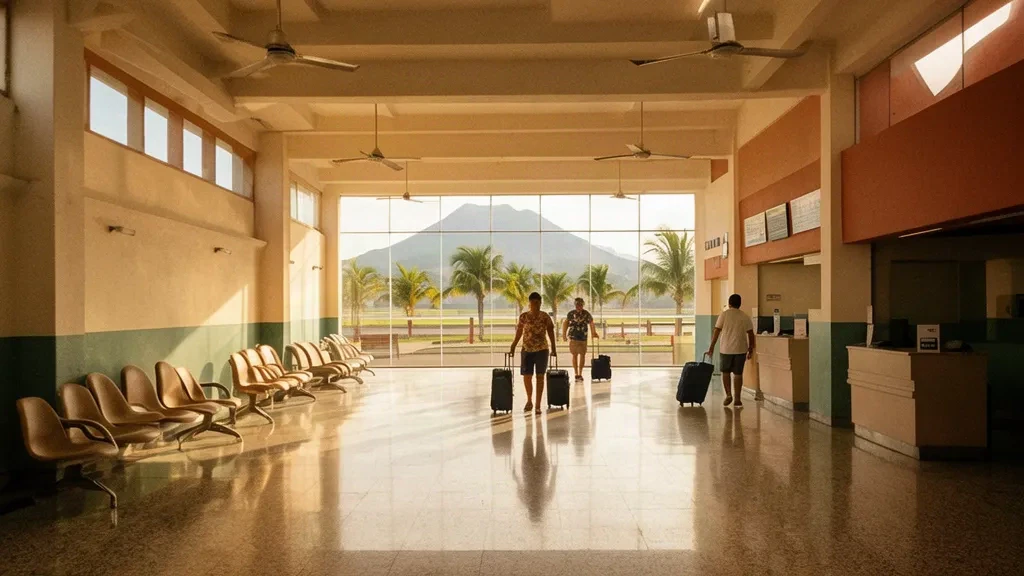 Warmes Nachmittagslicht erfüllt die Abflughalle des Internationalen Flughafens Licenciado Miguel de la Madrid in Colima, Mexiko