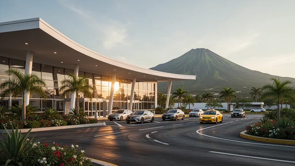 Terminal moderna y carril de descenso en el Aeropuerto de Colima, en México, rodeada de palmeras tropicales con la sierra volcánica iluminada al atardecer