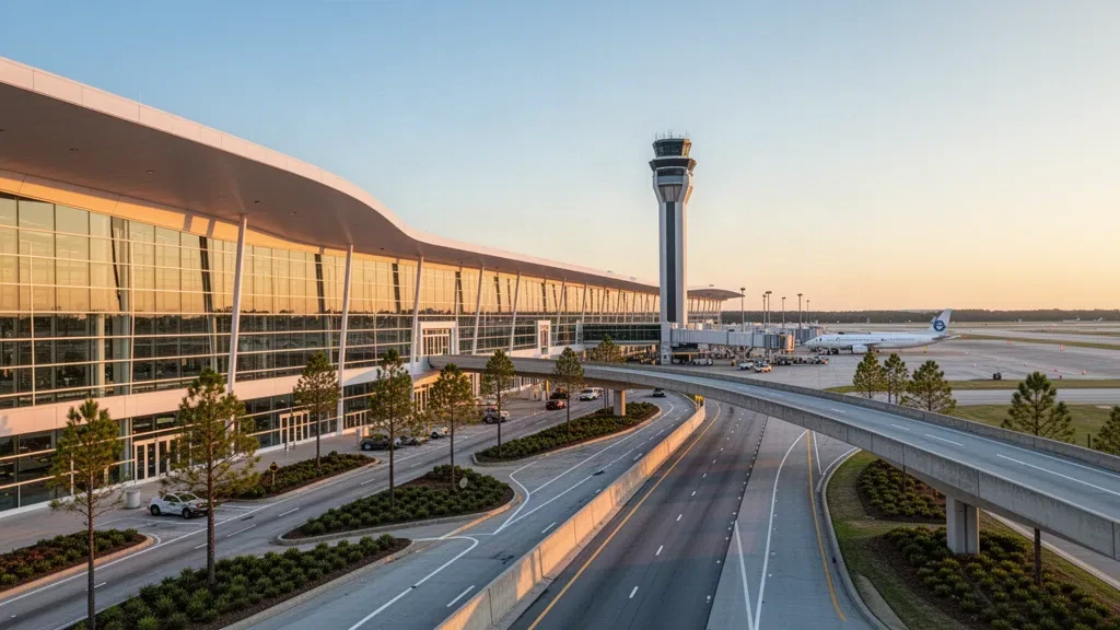 Modern glass terminal, sweeping roofline and drop-off lanes at Charlotte Douglas International Airport in warm golden hour light