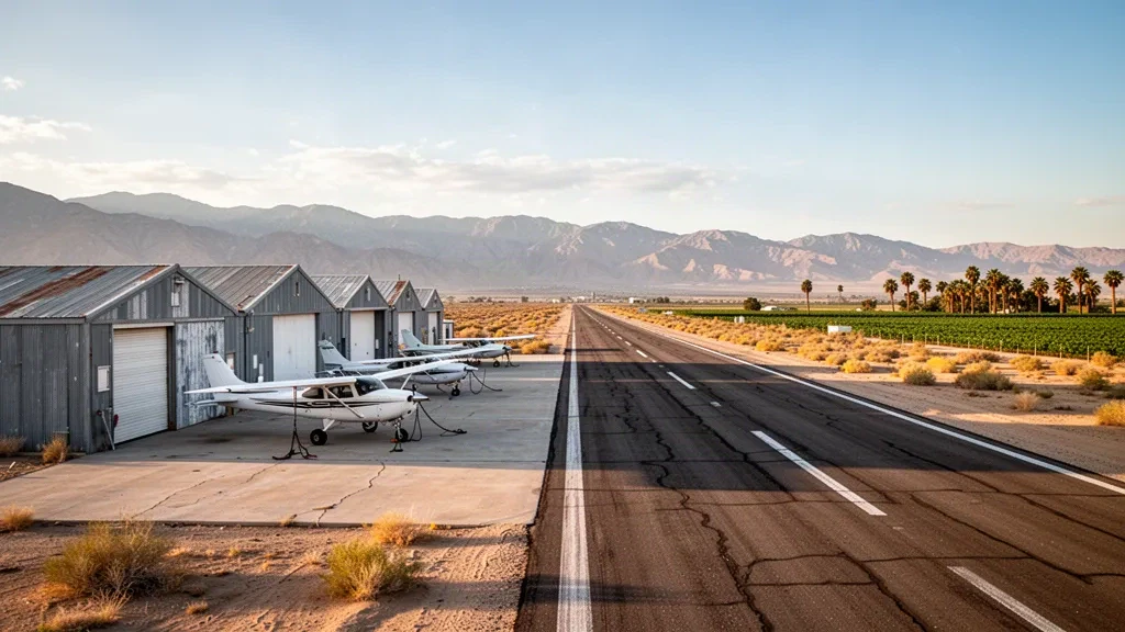 Kleine Wüstenlandebahn, Hangars und Leichtflugzeuge am Cliff Hatfield Memorial Airport in Calipatria, Kalifornien, zur goldenen Stunde