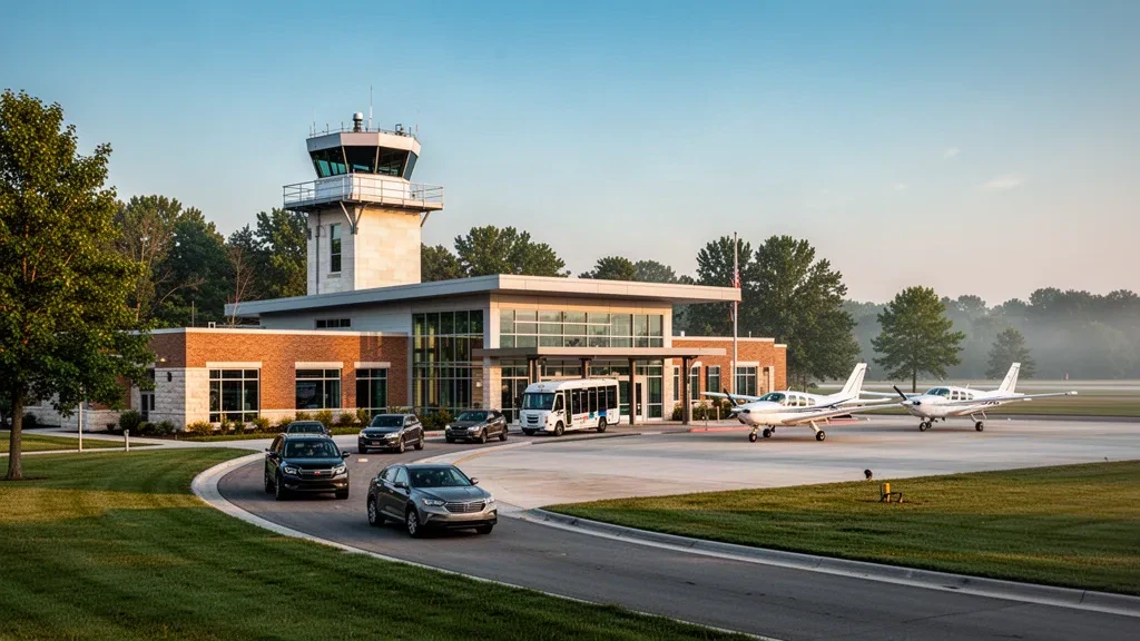 Modern terminal and apron at Columbus Municipal Airport in Indiana, with parked light aircraft and a curving drop-off lane at golden hour