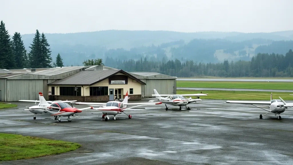 Aereo monomotore parcheggiato sul piazzale accanto al piccolo terminal e agli hangar dell'Aeroporto di Chehalis-Centralia nello stato di Washington