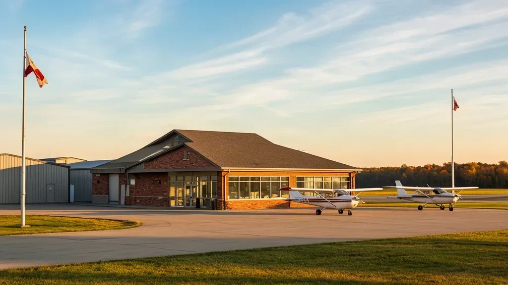 Pequeña terminal de aviación general y plataforma de aeronaves en el aeropuerto municipal de Columbus, Indiana, bajo un cielo despejado de tarde