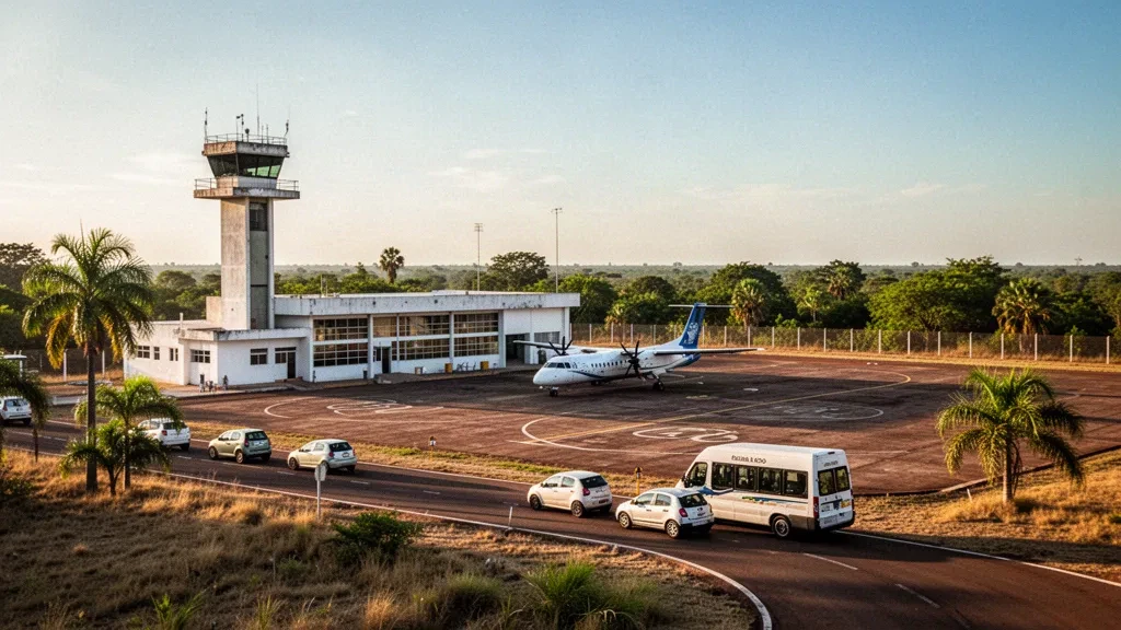 Golden-hour view of a small regional airfield terminal, apron and access road in subtropical Formosa, Argentina, near Clorinda.