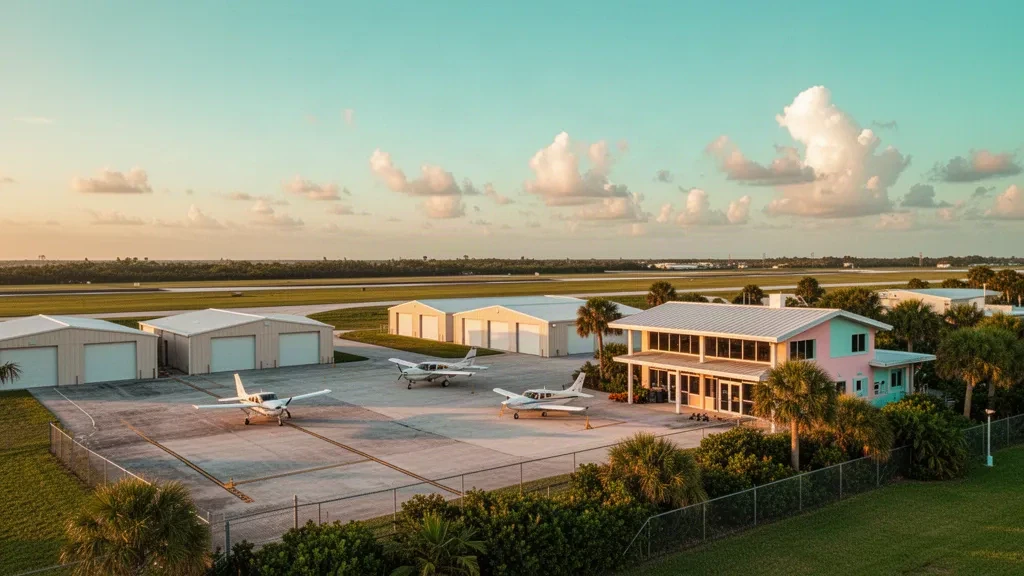 Veduta all'ora d'oro del Clearwater Air Park in Florida, con hangar, aerei leggeri parcheggiati, palme e piazzale vuoto al tramonto.