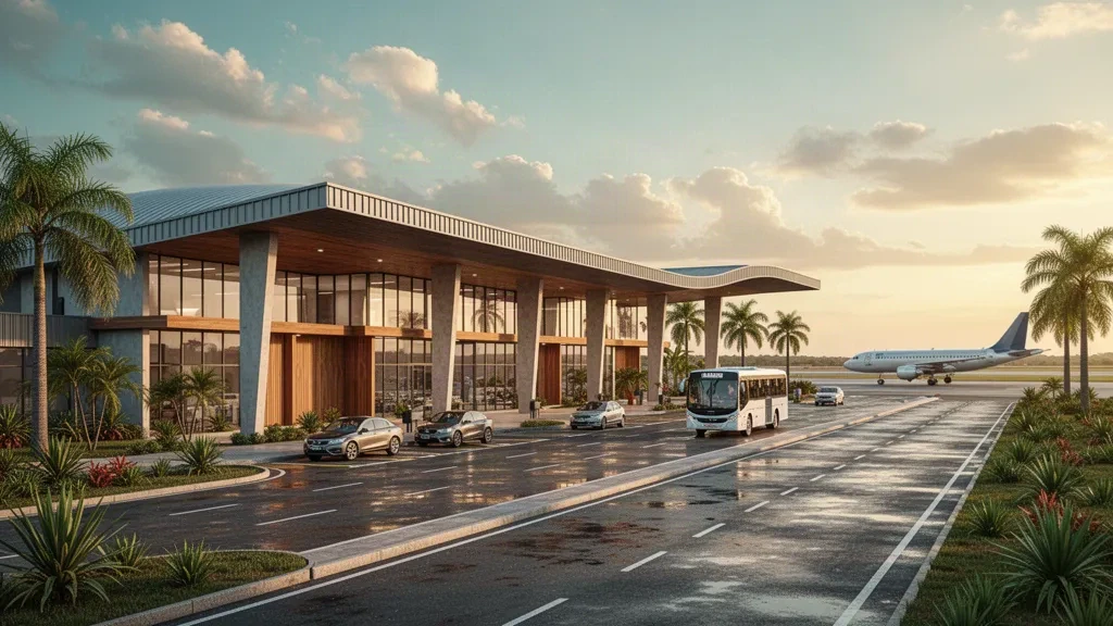 Terminal moderne et voie de dépose à l'aéroport Nelson Ribeiro Guimarães à Caldas Novas, Goiás, Brésil, sous une lumière dorée chaleureuse.