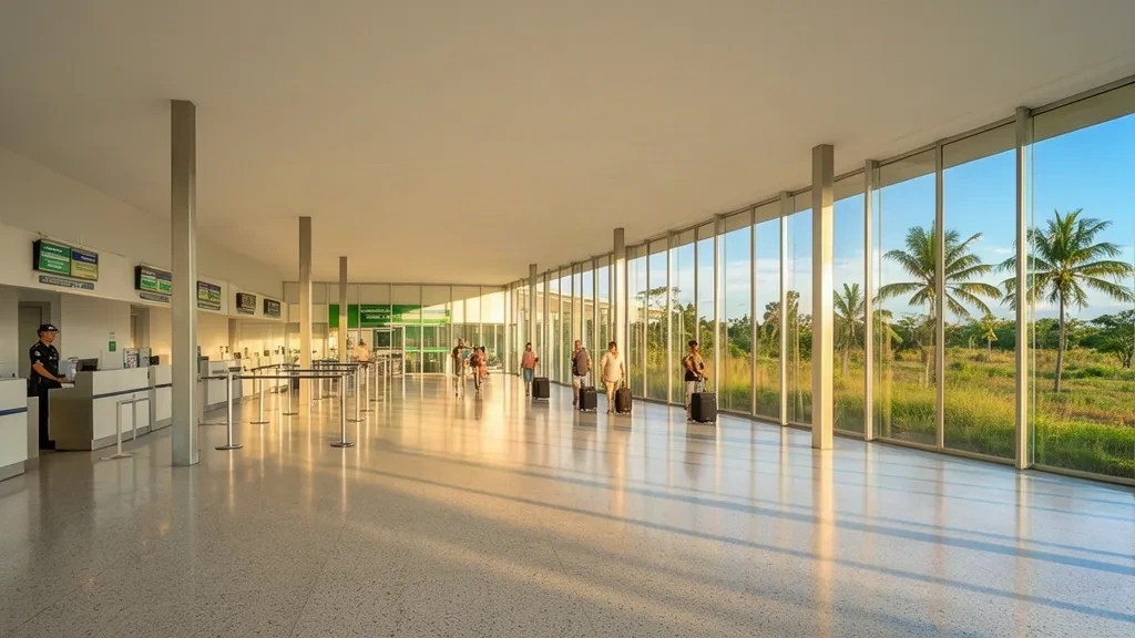 Interno del terminal dell'Aeroporto Nelson Ribeiro Guimarães a Caldas Novas, Brasile, con la hall del check-in e la facciata vetrata illuminata dal sole