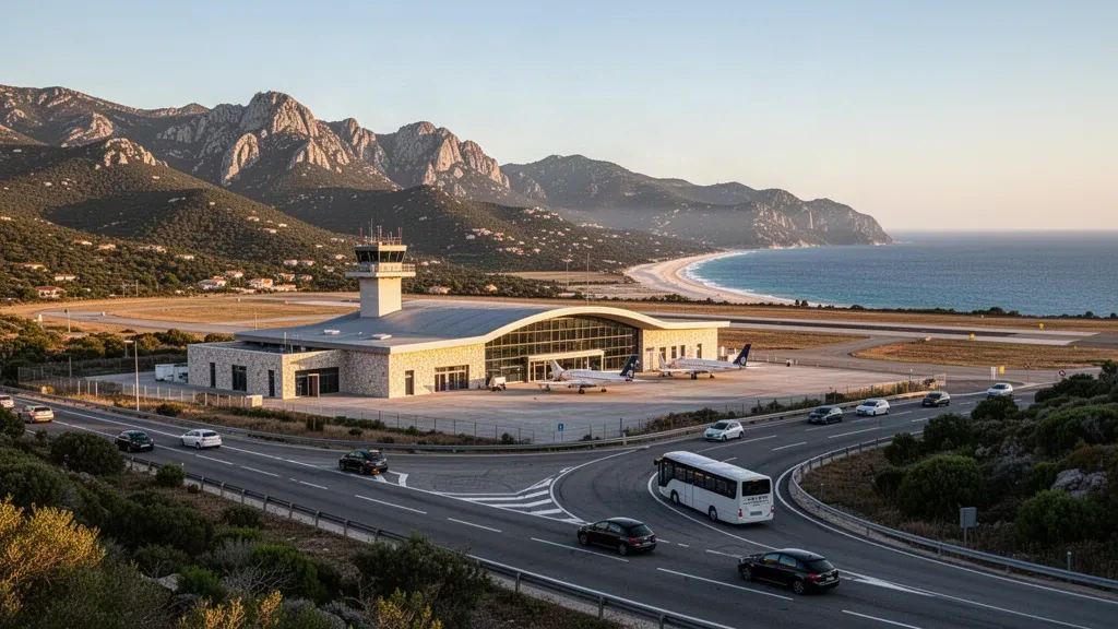Terminal y plataforma del aeropuerto Calvi Sainte-Catherine con las montañas de Córcega y el mar Mediterráneo bajo la luz dorada del atardecer