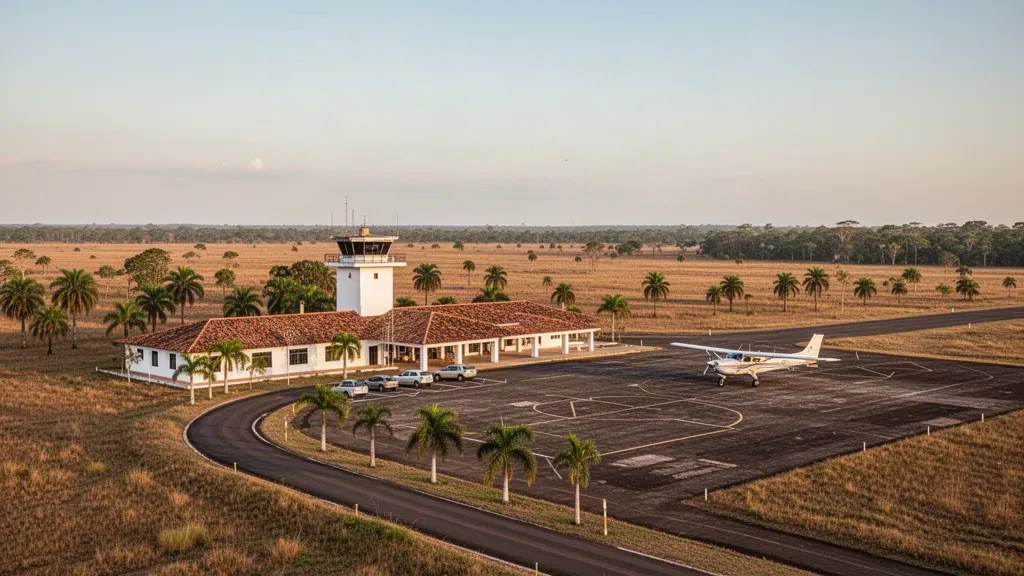 Kleines regionales Terminal, Vorfeld und Leichtflugzeuge am Flughafen Calabozo in den Llanos Venezuelas im warmen Licht des späten Nachmittags.