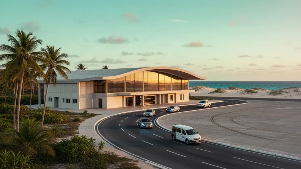 Terminal d'aéroport régional moderne à Camocim, Ceará, Brésil, entouré de dunes côtières et de palmiers sous une lumière chaude de fin d'après-midi