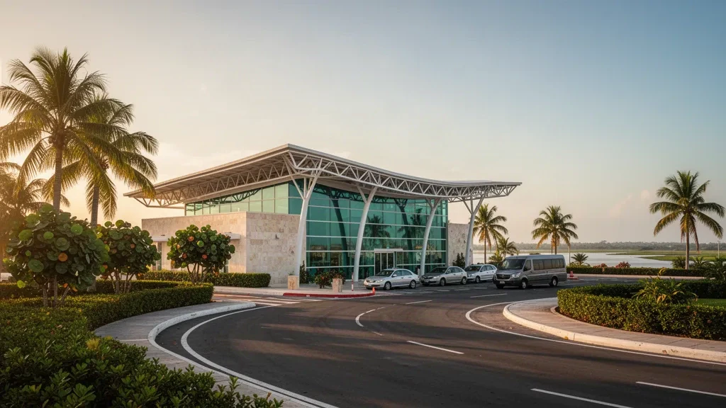 Extérieur moderne du terminal vitré de l'aéroport international de Ciudad del Carmen à Campeche, au Mexique, avec des palmiers et une voie de dépose ensoleillée