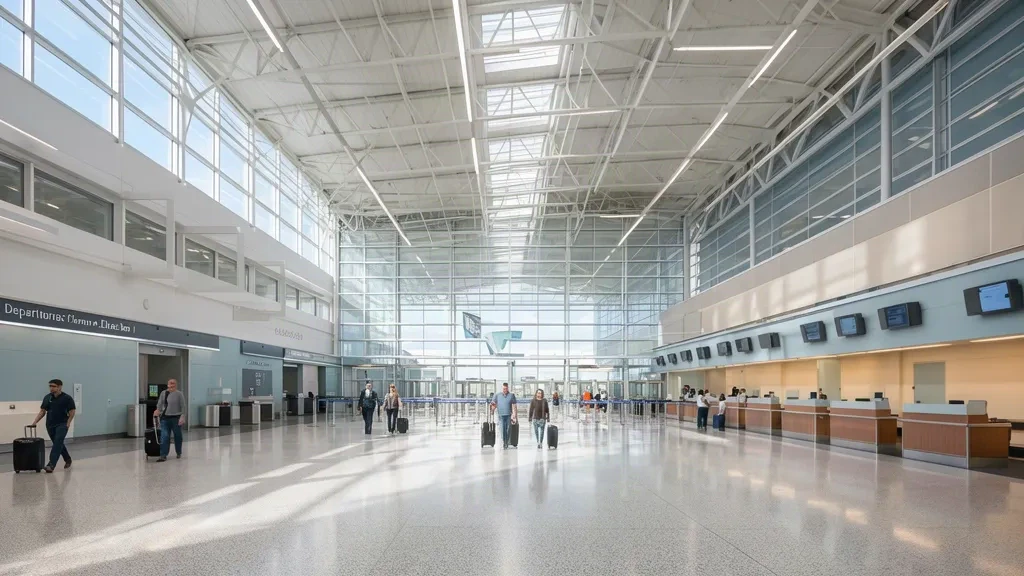 Travelers with luggage crossing the sunlit departures hall of John Glenn Columbus International Airport in Columbus, Ohio