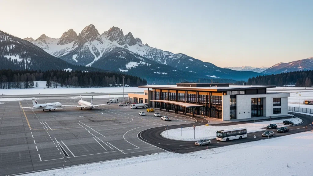Terminal y plataforma del aeropuerto Chambéry Savoie Mont Blanc enmarcadas por picos alpinos cubiertos de nieve bajo la luz invernal