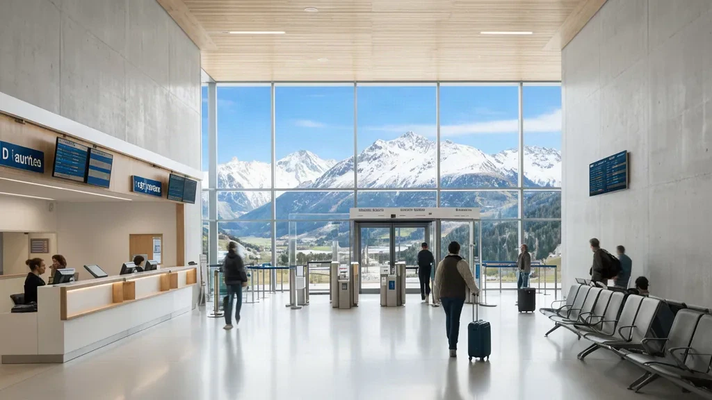 Interior luminoso de la terminal del aeropuerto Chambéry-Savoie con mostradores de facturación, viajeros y vistas a las montañas alpinas a través de grandes ventanales.