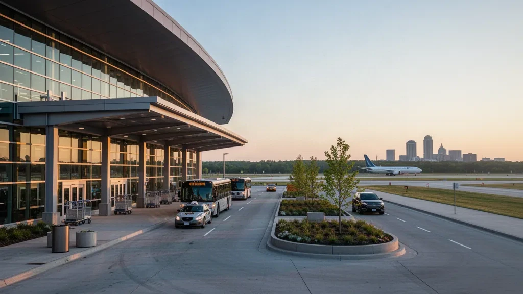 Vista durante la hora dorada de la moderna terminal de cristal y los carriles de descenso en la acera del Aeropuerto Internacional John Glenn Columbus, en Ohio