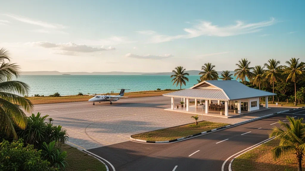 Small lakeside airstrip and open-air terminal at Club Makokola Airport on Lake Malawi in warm golden light