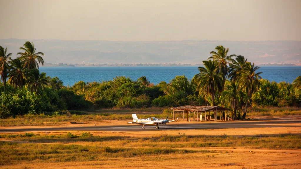 Pista de aterrizaje iluminada por el sol en el Aeropuerto Club Makokola, en Malaui, con palmeras, una aeronave ligera y el lago Malaui en la distancia
