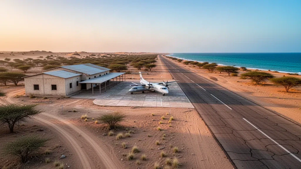 Sunlit coastal runway, low terminal building and arid dunes at Hobyo Airport in Somalia under a warm late afternoon sky.