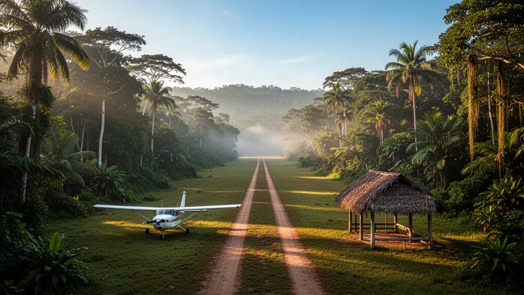Pista de aterrizaje remota en la selva del aeropuerto de Carmelita, en Petén, Guatemala, rodeada de un denso dosel de selva tropical bajo la cálida luz de la mañana