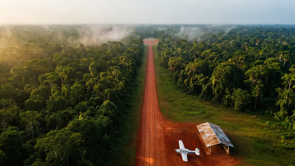 Vista aérea de la estrecha pista de aterrizaje en la selva del aeropuerto de Carmelita, abierta entre el denso dosel de la jungla en Petén, Guatemala