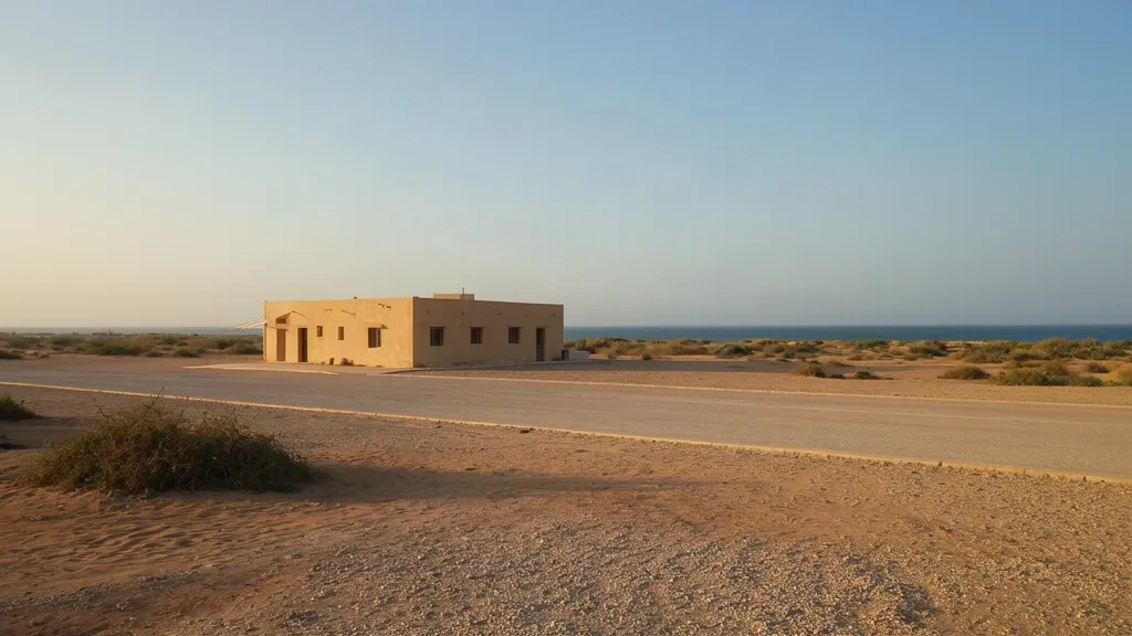 Exterior view of Hobyo Airport CMO in Somalia, showing a small regional terminal, dusty apron, and arid coastal landscape.