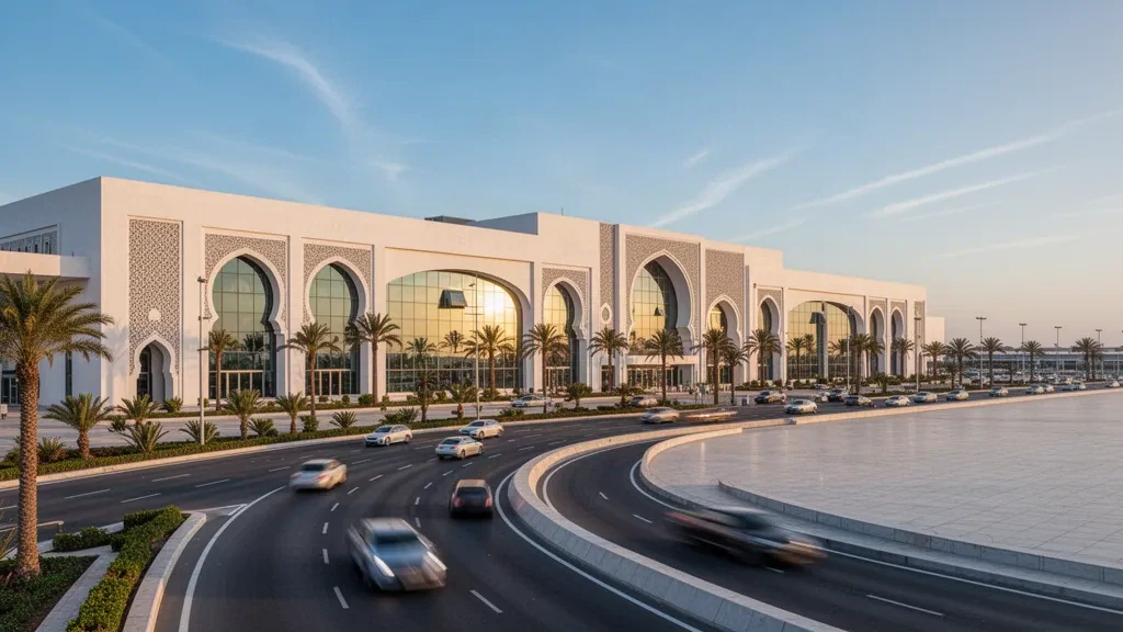 Esterno moderno del terminal dell'Aeroporto Internazionale Mohammed V a Casablanca, Marocco, con facciate in vetro, palme e strade di accesso durante l'ora d'oro.