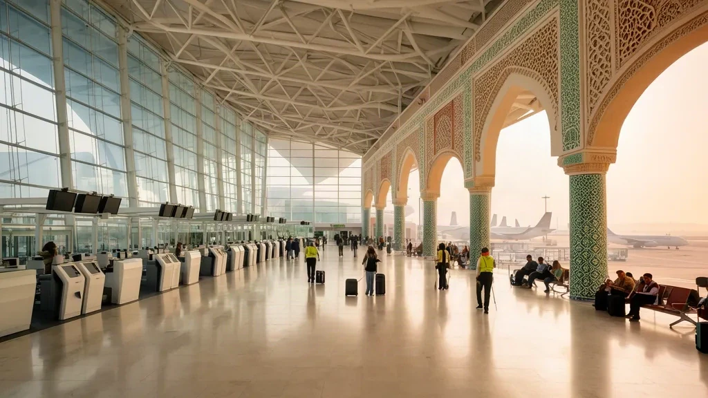 Interno luminoso dell'Aeroporto Internazionale Mohammed V a Casablanca con piastrelle marocchine, facciata in vetro e viaggiatori nella hall delle partenze.