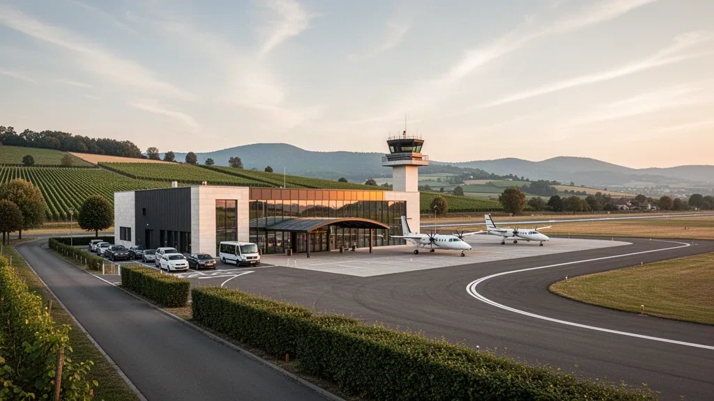 Terminal moderno e piazzale aeromobili dell'aeroporto di Colmar-Houssen in Alsazia, incorniciati da vigneti e dalle colline dei Vosgi