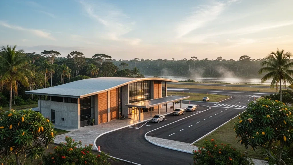 Moderno terminal in vetro e corsia di sosta all'Aeroporto di New Cametá in Pará, Brasile, circondato dalla foresta pluviale amazzonica nella luce dorata del pomeriggio