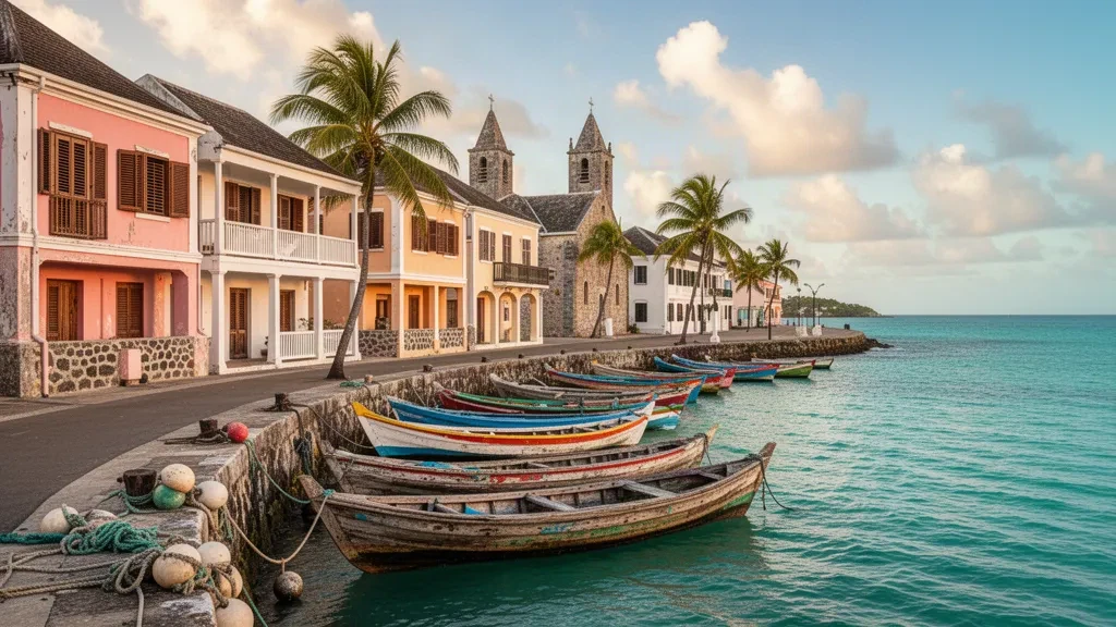 Historic Speightstown waterfront in Saint Peter, Barbados, with colonial buildings, fishing boats and turquoise Caribbean Sea