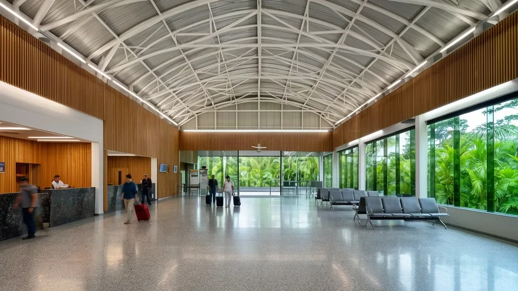 Brezilya'nın Pará eyaletindeki Yeni Cametá Havalimanı'nda (CMT) ahşap tavanlar, cam duvarlar ve dışarıda tropikal yeşilliklerle parlak modern terminal iç mekanı.