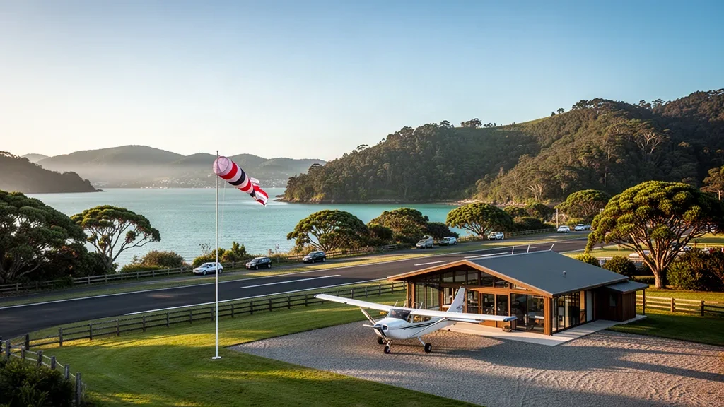 Pista in erba, aereo leggero e piccolo terminal all'Aeroporto di Coromandel vicino al porto nella Penisola di Coromandel in Nuova Zelanda