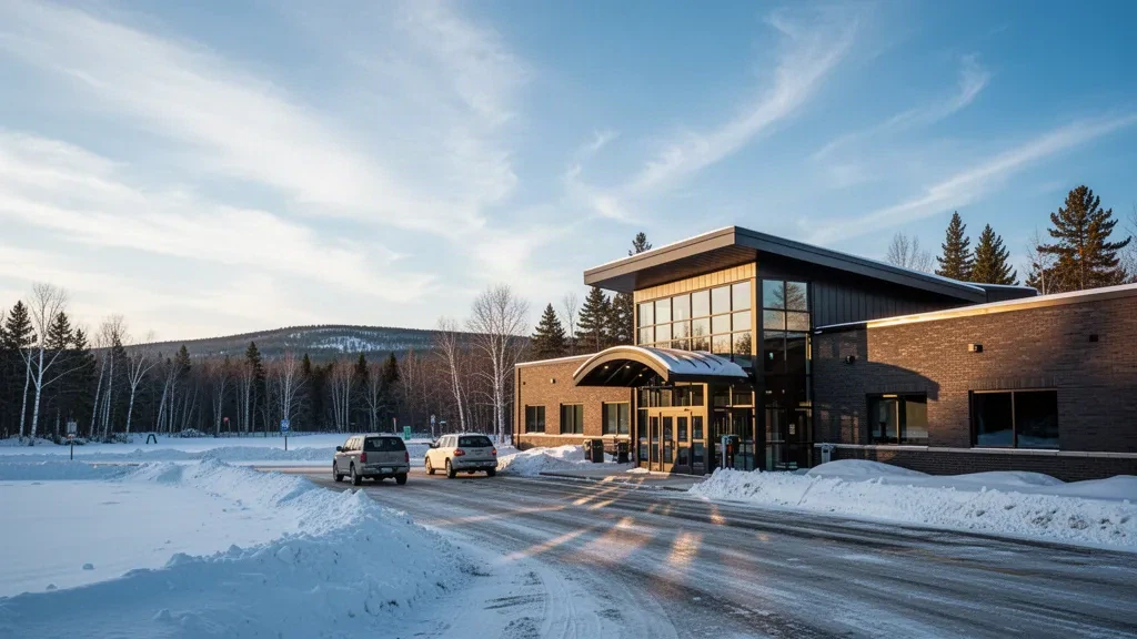 Esterno moderno del terminal in vetro e mattoni, di altezza contenuta, all'aeroporto Houghton County Memorial nella nevosa Upper Peninsula del Michigan durante l'ora d'oro