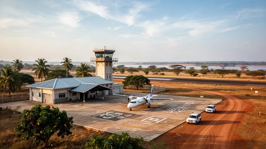 Low-rise terminal, control tower and parked turboprop on the apron at Caia Airport in Sofala, Mozambique, in warm late-afternoon light