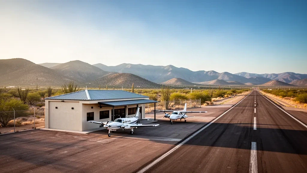 Kleines Wüstenterminal und Vorfeld mit Flugzeugen am Flughafen Cananea National in Sonora, Mexiko, beleuchtet vom warmen Licht der goldenen Stunde